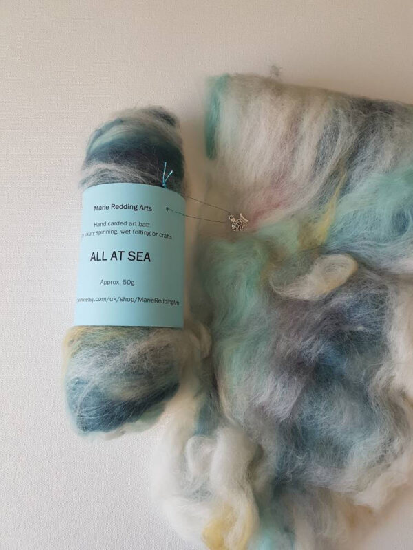 blue Art batt 50g all at sea wool luxury spinning felting pale yellow cream merino silk charm alpaca themed cream pale blue sea green