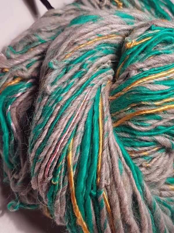 Handspun green yarn soft 110g singles luxury knitting crochet pale grey yellow silk rose pink silk silver grey merino cream