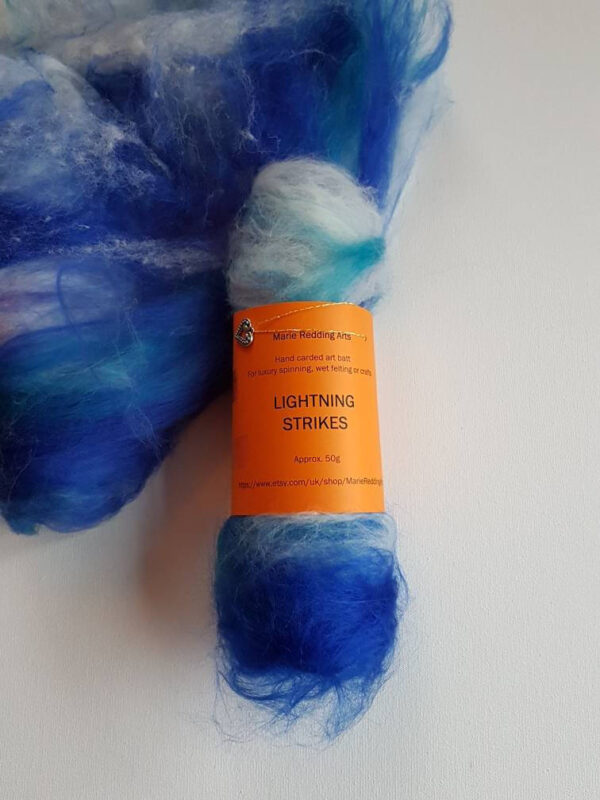 blue art batt / 50g hand carded / lightning strikes / electric blue/ bright blue / luxury / spinning / felting / white /merino