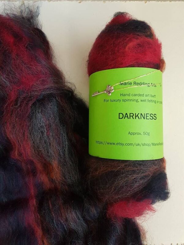 black art batt 50g LEGEND DARKNESS soft luxury spinning felting movie theme merino silk vibrant scarlet red white navy poppy wine crimson