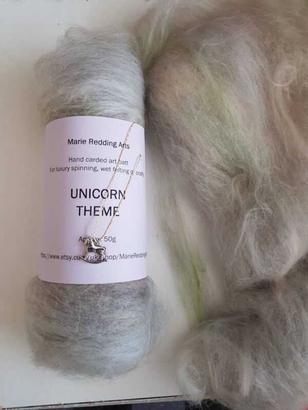 white art batt 50g LEGEND UNICORN theme soft luxury spinning felting merino silk movie theme pearl cream moss green soft grey silver