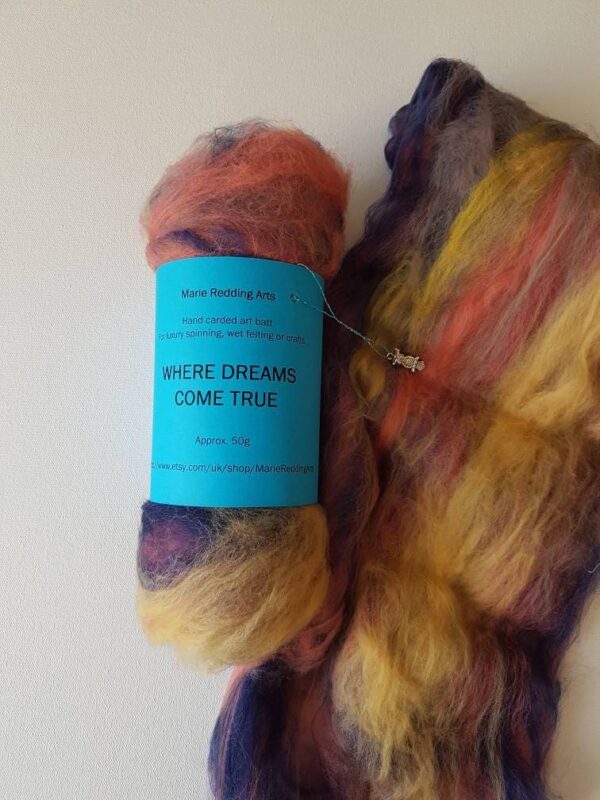 Yellow Art batt 50g where dreams come true pure wool luxury spinning felting themed pink purple pale yellow amber blue orange merino silk