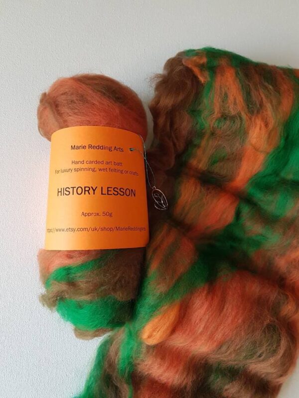 orange art batt 50g history lesson luxury spinning felting theme burnt orange brown green caramel tangerine jade merino silk