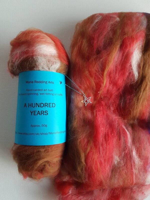 brown Art batt 50g sleeping beauty a hundred years spinning felting themed brown red orange poppy caramel white purple pink silk merino