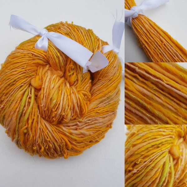 Handspun yellow art yarn 110g  luxury knitting crochet merino Amazons gold rainbow silk sparkle shimmer pink blue