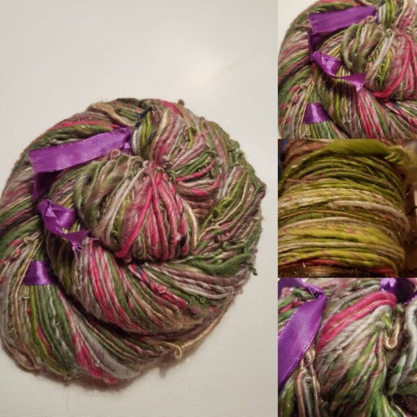 Handspun green art yarn merino 110g singles knitting crochet silk luxury raspberry pink honey grey pale pink pastel multicoloured rainbow