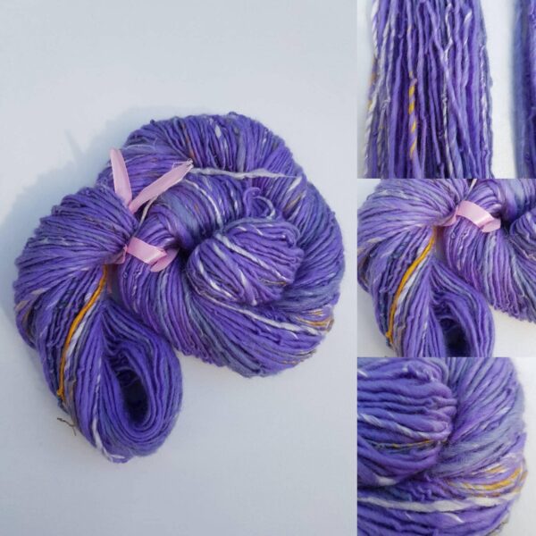 Handspun lilac art yarn merino silk alpaca 110g singles luxury knitting crochet pastel purple multi white yellow mauve pastel