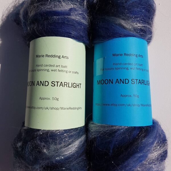 Midnight art batt 50g Moon And Starlight luxury spinning felting wool merino silk deep blue silver sparkle royal blue navy night sky fibre