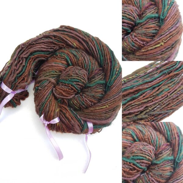 Handspun brown art yarn / merino / silk / 50g singles / luxury knitting / crochet / single ply / green / jade / chocolate / dark brown