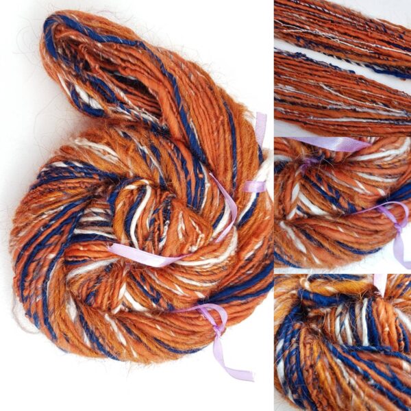 Handspun orange art yarn / merino 50g / singles / luxury knitting / crochet / copper / silver / white / navy / dark blue / midnight / 1 ply