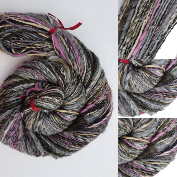 Handspun grey art yarn / 110g single ply / luxury knitting / crochet / pale grey / honey / raspberry pink / black / merino / silk