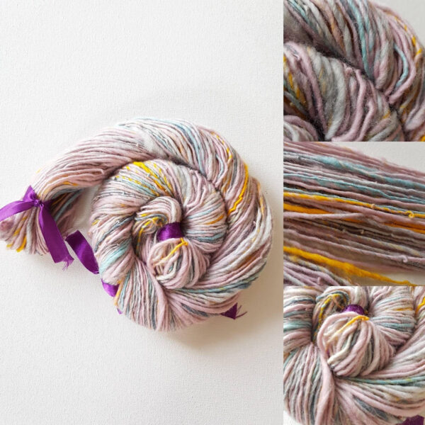 Handspun pastel pink art yarn / 110g single ply / merino / silk / luxury knitting /crochet / pale pink / pale blue / pale grey / yellow