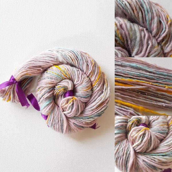 Handspun pastel pink art yarn / 50g single ply / merino / silk / luxury knitting /crochet / pale pink / pale blue / pale grey / yellow