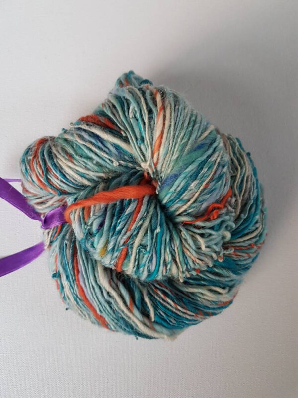 Handspun blue art yarn soft 110g singles luxury knitting crochet pale blue white orange sky blue turquoise cobalt silk merino thick and thin