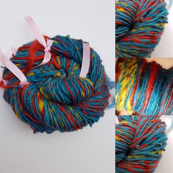 Handspun blue yarn art yarn loved by the sun turquoise fire yellow orange sunset sky burning merino 50g singles knitting crochet silk