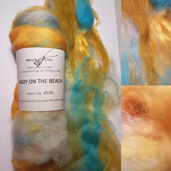 Gold art batt 50g / Andy On The Beach The Fog / merino / silk / luxury spinning / felting / yellow / grey / pale blue / white / turquoise