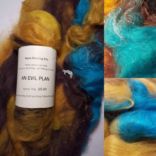 Mustard art batt 50g / An Evil Plan The Fog / merino / silk / luxury spinning / felting / silver / turquoise/ dark brown / sparkle / yellow