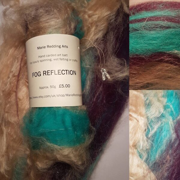 Honey art batt 50g / Fog Reflection The Fog / merino / silk / luxury spinning / felting / cream silk / turquoise / teal / purple /mauve