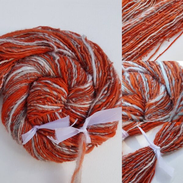 Handspun orange art yarn merino silk alpaca 110g singles luxury knitting crochet Tangerine grey white sparkle silver