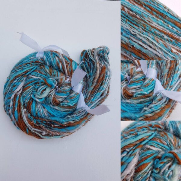 Handspun turquoise art yarn /  merino / 50g singles / knitting crochet / luxury / caramel / hazelnut / bright blue / cornflower / silver