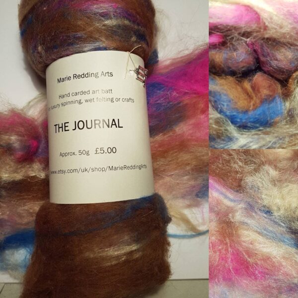 Brown art batt 50g / The Journal The Fog / merino / silk / luxury spinning / felting / hot pink / cream / pale blue / nut brown / cobalt