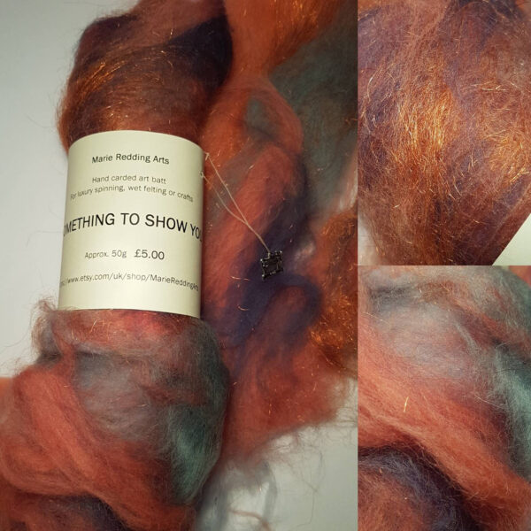 Orange art batt 50g / Something To Show You The Fog / merino / silk / luxury spinning / felting / copper / sparkle / pale blue / dark blue