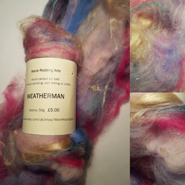 Pastel art batt 50g / Weatherman The Fog / merino / silk / luxury spinning / felting / silver / pale pink / cream silk / sparkle / lilac