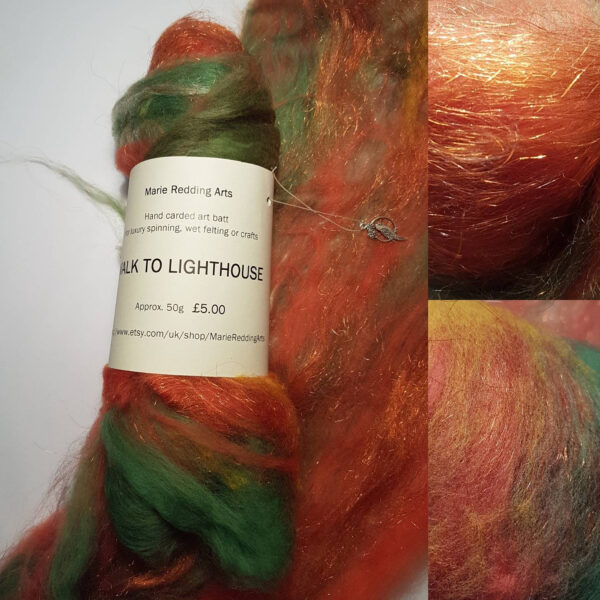 Copper art batt 50g / Walk To Lighthouse The Fog / merino / silk / luxury spinning / felting / orange / sparkle / green /yellow / moss