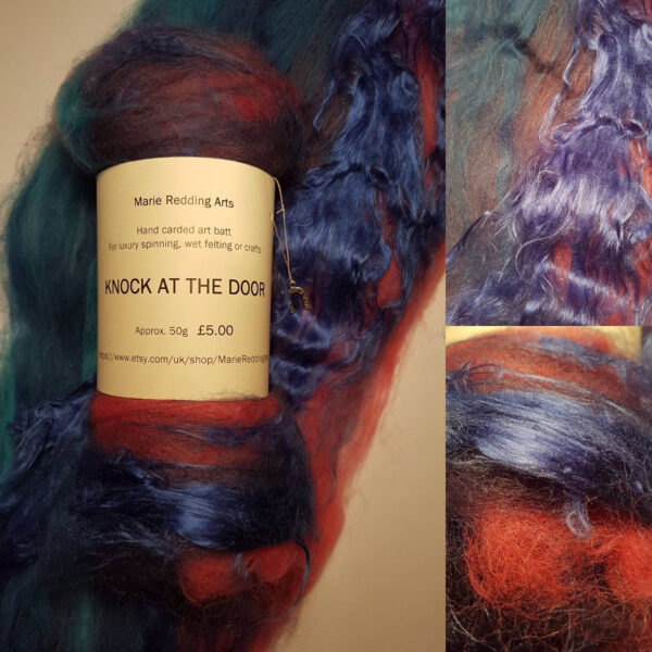 Peacock art batt 50g / Knock At The Door The Fog / merino / silk / luxury spinning / felting / bright blue / red / black / teal / dark green