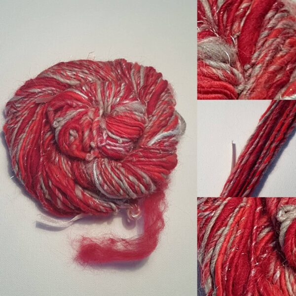 Handspun red yarn / merino / 50g / luxury knitting / silk / silver sparkle / blood red / single ply / poppy yarn / grey / white /