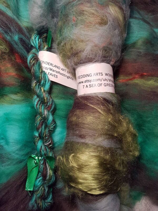 Wonderland Art Batt / 7. A Sea Of Green Leaves / 50g / Green / Emerald / Copper / Brown / Silk / Verdigris / Merino / Spinning / Felting