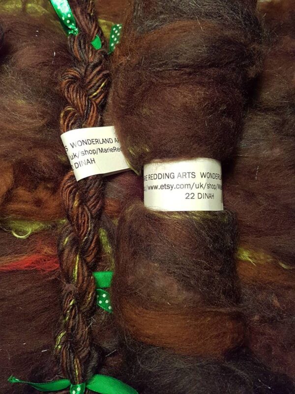 Wonderland Art Batt / 22. Dinah / Brown / Green / Pistachio / Earth / Dark Brown / Coffee / Nut / 50g / Merino / Silk / Spinning / Felting