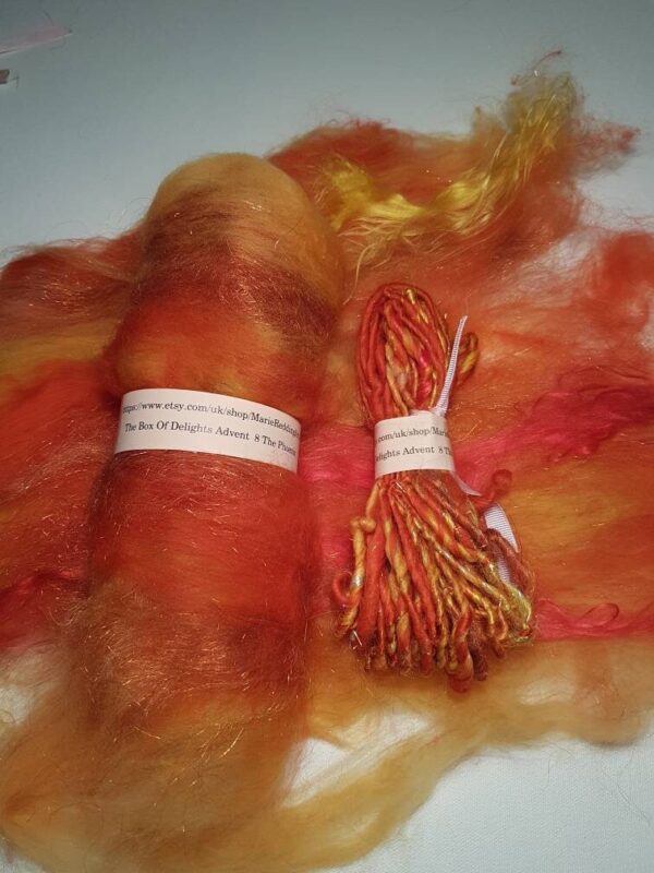 Handcarded Orange batt / Box Of Delights / 8 The Phoenix / Red / Yellow / Copper / Fire / Flames / 50g / Spinning Fibre / Felting Fiber