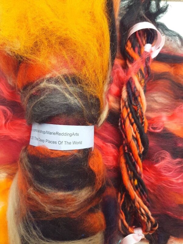 Fire Handspun Yarn / 20 The Deep Places Of The World / 110g / Red / Orange / Black / Gold / Flames / Dragon / Sunset / Knitting / Crochet