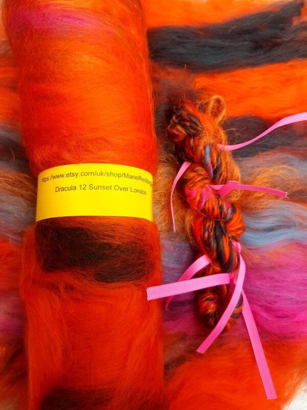 Dracula Orange Art Batt / 12 Sunset Over London / 50g / Black / Blue / Pink / Fire / Gothic / Vampire / Spinning Fibre / Felting Fiber