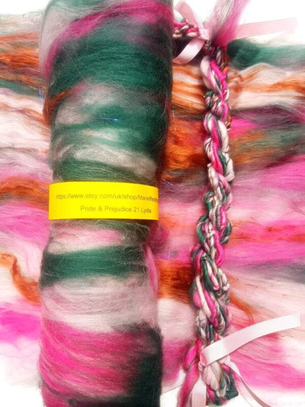 Pride & Prejudice Cerise Batt / 21 Lydia / 50g / Jane Austen / Pink / Green / Copper / Orange / Raspberry / Rose / Spinning Fibre / Felting